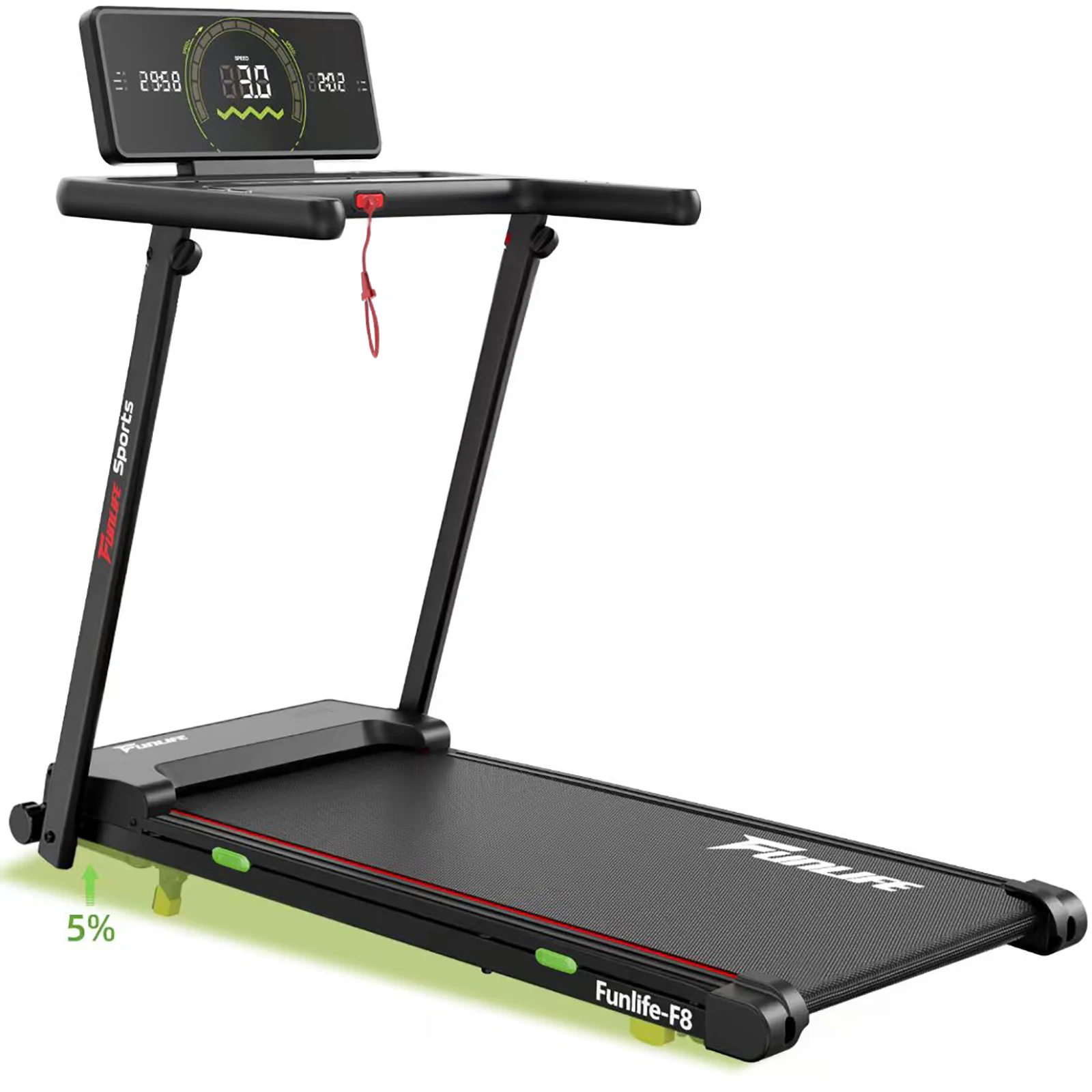 FunLife F8 Tapis de Course Pliable avec Inclinaison de 5 %, Surface de Course Extra Large, Écran sur la Main Courante, Silencieux et Respectueux des Articulations, 12 Programmes, 1–12 km/h