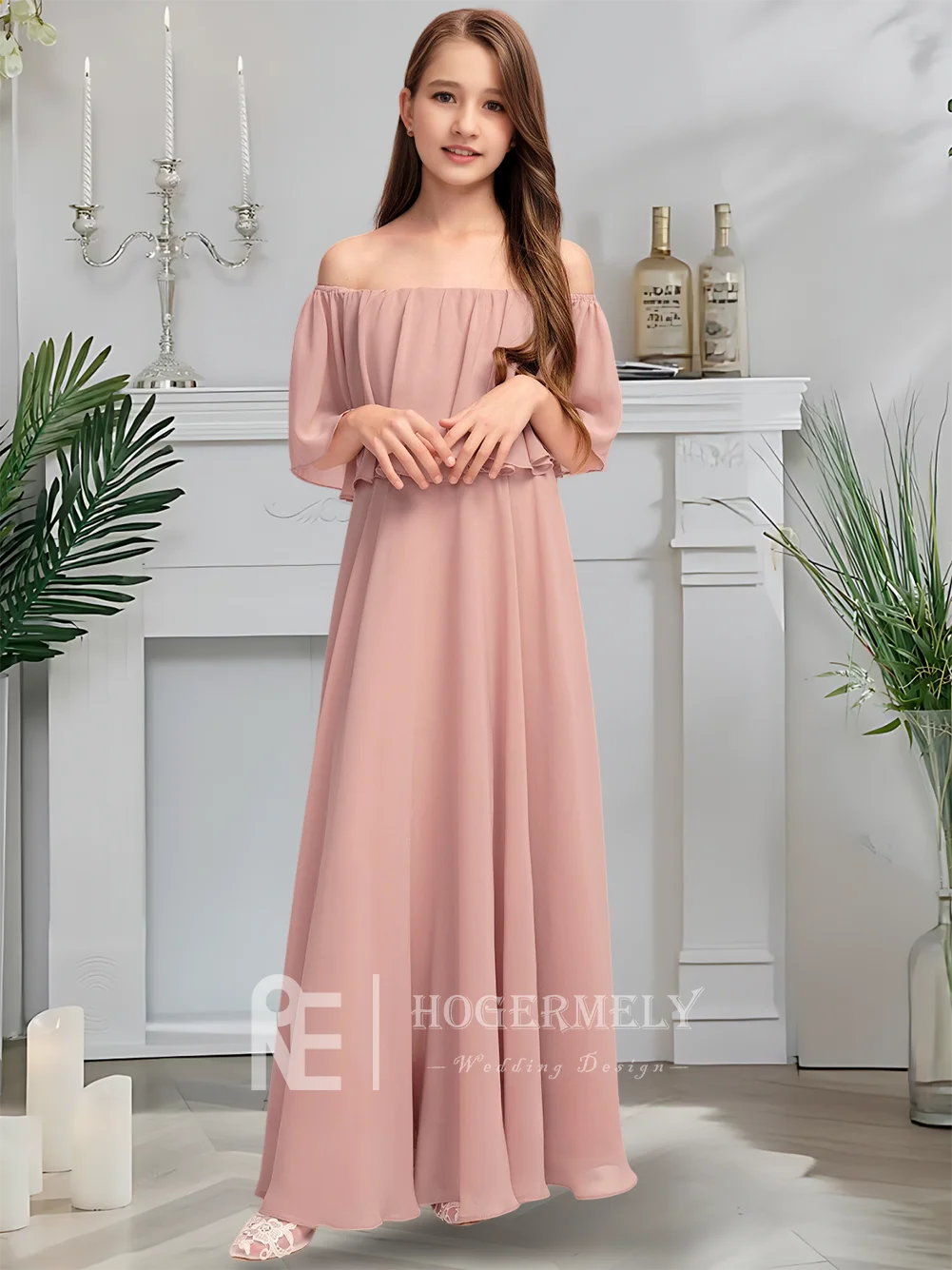 Платье подружки невесты с открытыми плечами, платье с цветочным узором для девочек, шифоновое платье длиной до пола с элегантными складками для девочек, официальное мероприятие