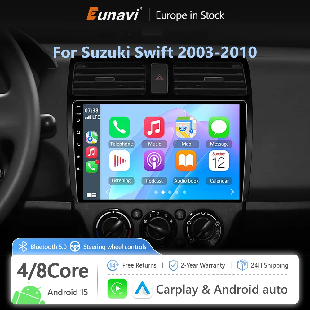 Sistema de radio inteligente para automóviles Eunavi, compatible con Suzuki Swift, modelos 2005, 2006, 2007, 2008, 2009 y 2010. Conexión inalámbrica CarPlay y Android Auto. No es un sistema 2 DIN. Incluye reproductor de DVD, estéreo, wifi y sistema de navegación GPS. 1
