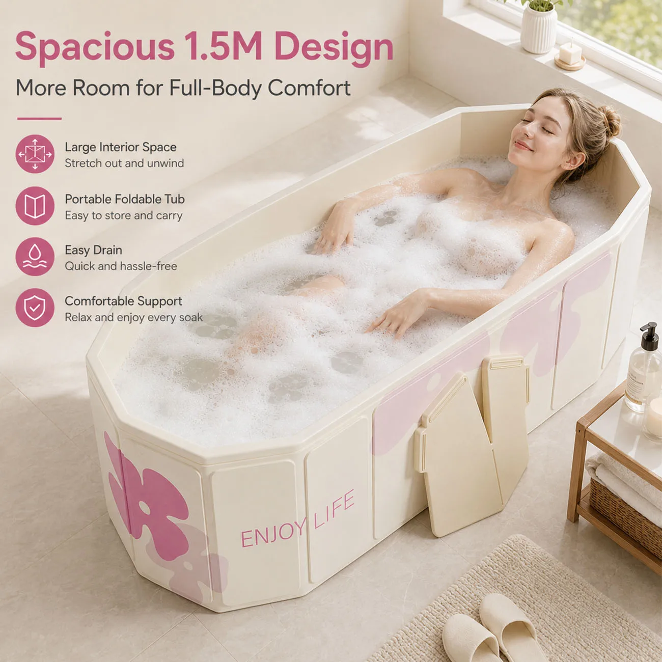1,5M Große Faltbare Badewanne für Erwachsene, Tragbare Tiefe Einweichwanne mit Robusten Stützpaneelen, Platzsparendes Heim-Spa-Bad