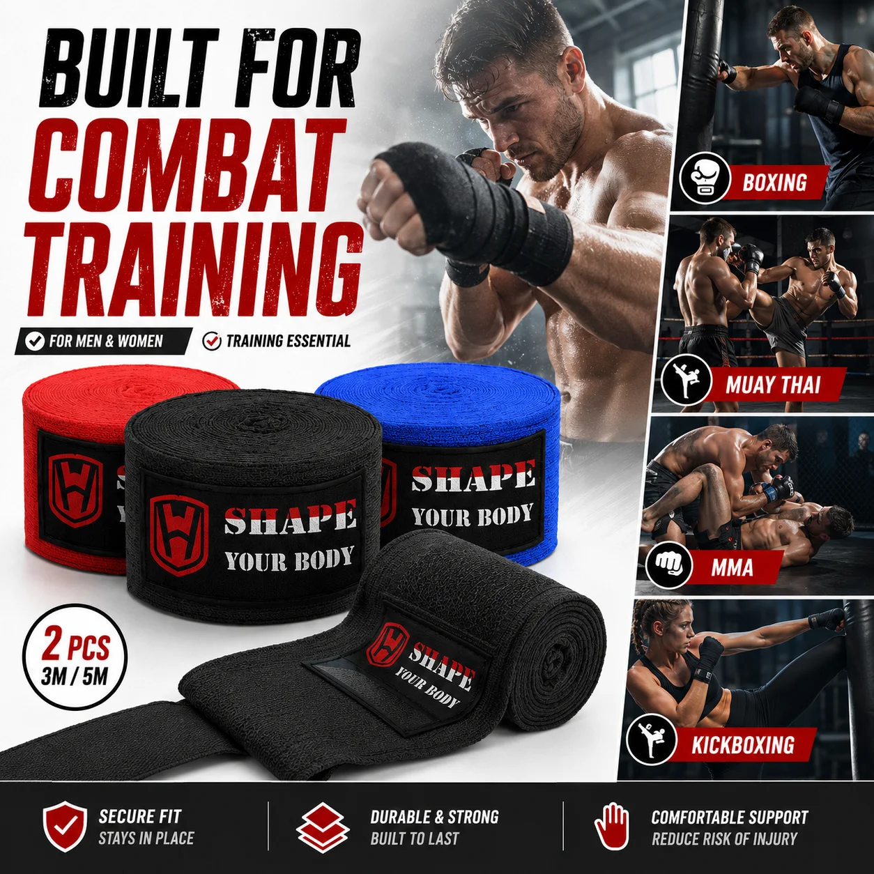 2PCS Boxing Hand Wraps 3M 5M Breathable Cotton Wrist Support Bandage for Muay Thai MMA Kickboxing Training Men Women Gear Boxing
