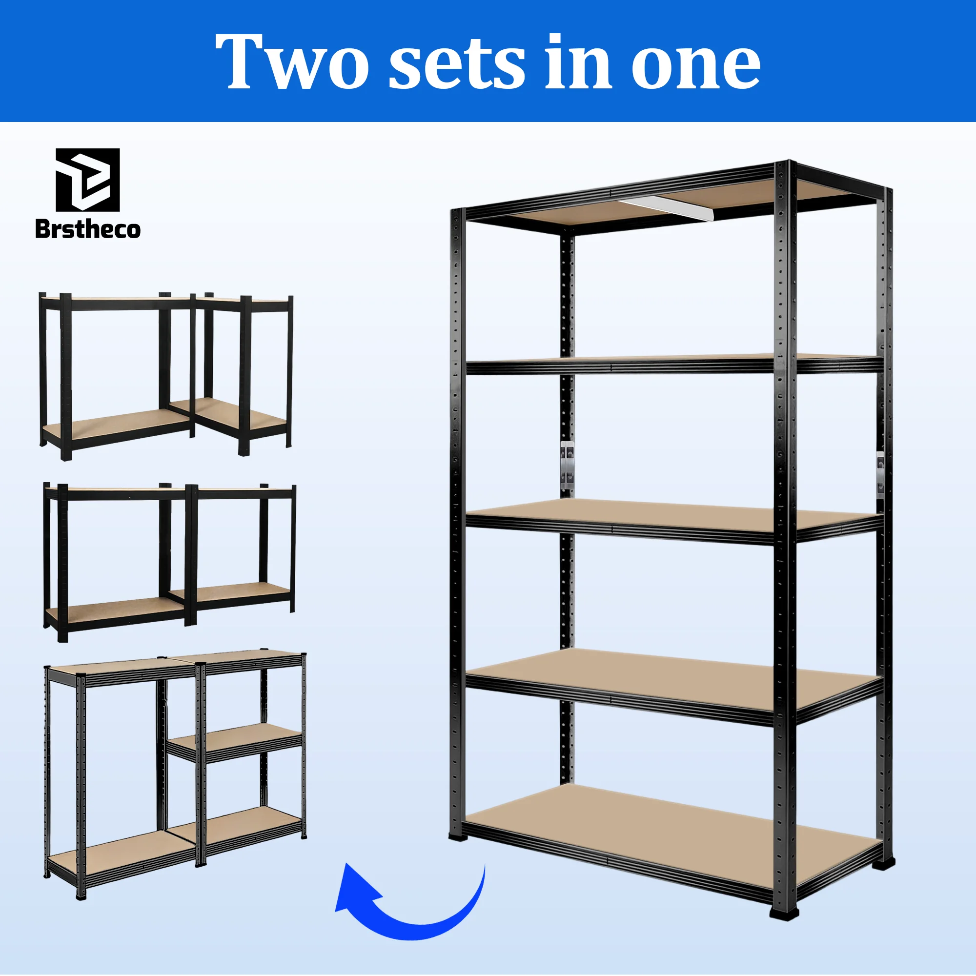2er-Pack 5-stufige Schwerlast-Metallregale, schraubenlose, teilbare Lagerregale, jeweils 1000 kg Tragkraft, insgesamt 2000 kg, verstellbare MDF-Regalhöhe, großes Mehrzweck-Lagerregal für Lager,