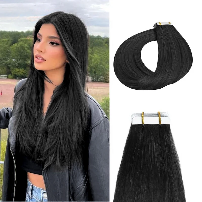 Extensions de cheveux humains vierges sans couture pour femmes, 100% Remy, noir naturel, ruban adhésif, droit