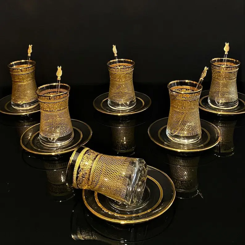 Gold decorated Tea Set, Glass Cup and Saucer Set, 12 pieces for 6 People, Special Home Gift and P