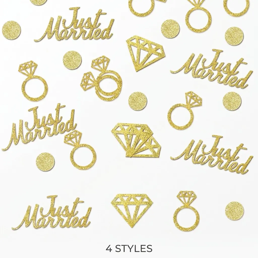 120Pcs Gold Just Married Ring Diamond Circle Shape Wedding Confetti Paper for Party Table Decoration Supplies