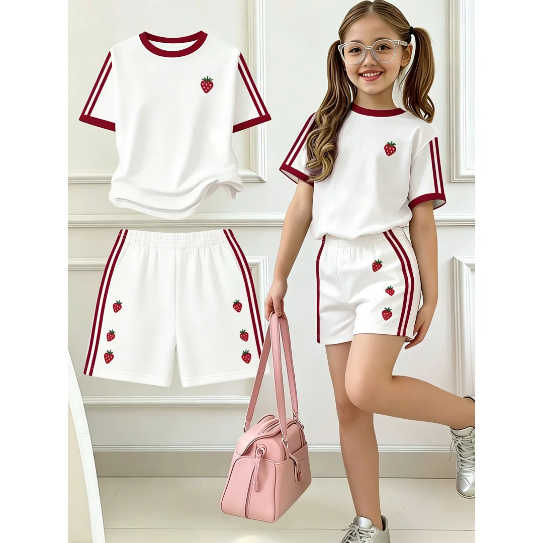 Kinder-Sommer-2-Teiler-Outfit: T-Shirt mit Schleifenstickerei und Streifenmuster, kurzen Ärmeln und Shorts mit elastischem Bund für Mädchen, Sport- und Freizeitkleidung für den Alltag. – Detail 11