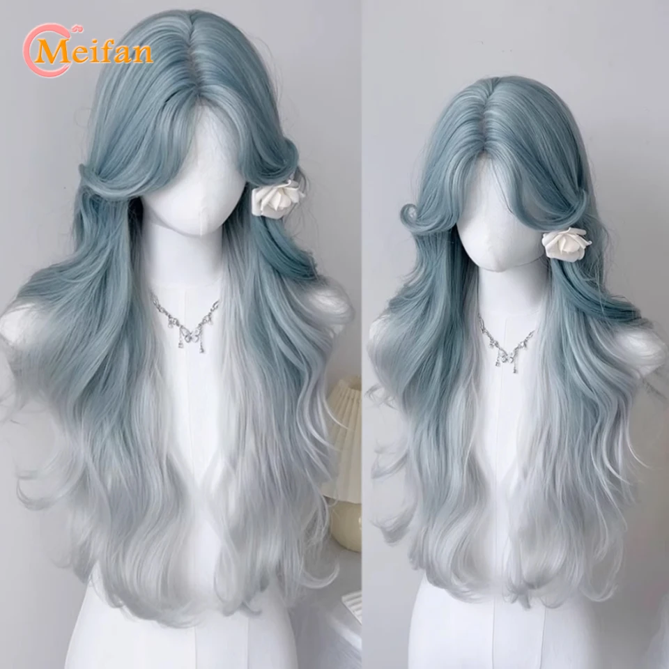 Long Wavy Blue Purple Wig Synthetic Wig for Women Cosplay Party Natural Wigs with Bangs Lolita Wig Halloween Christmas Wig