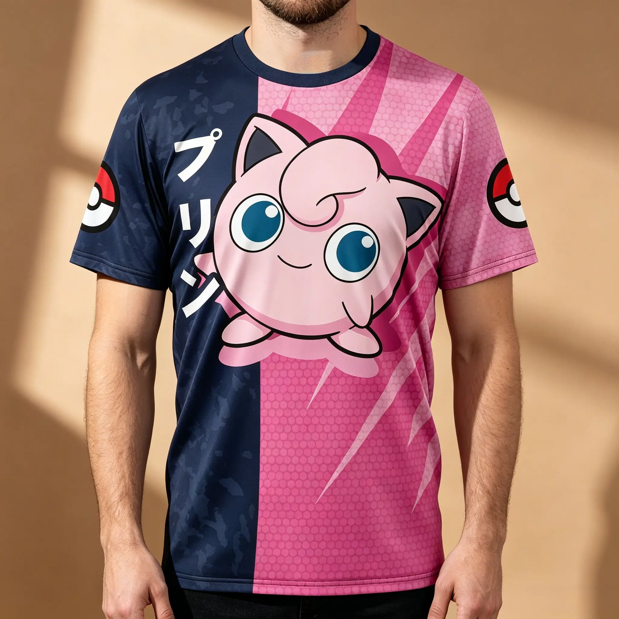Camiseta de doble cara con estampado de Pokémon Jigglypuff para hombre, camiseta informal de manga corta con estampado de Pokeball, color rosa, azul marino, textura japonesa, Anime