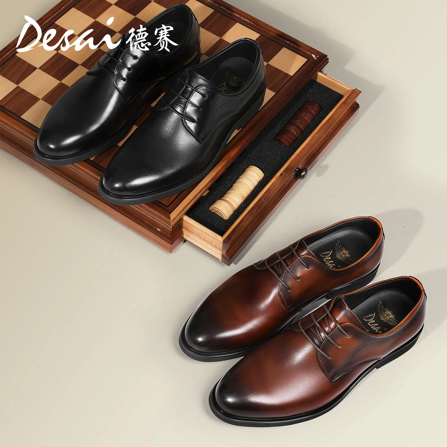 Desai Business Casual Leather Shoes Men's British Style Genuine Leather Formal Dress Round Toe Derby Shoes High end Black