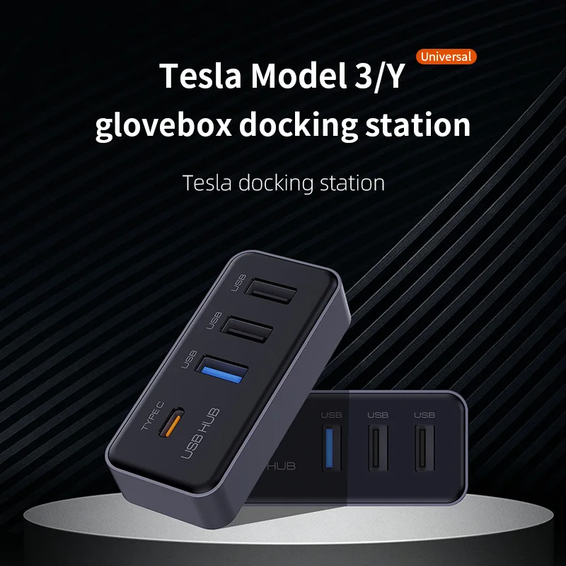 Docking Station USB Hub 4-in-1 for Tesla Model 3 Model Y Glovebox for Dashcam Flash Drive Charger Data Transfer Games Music