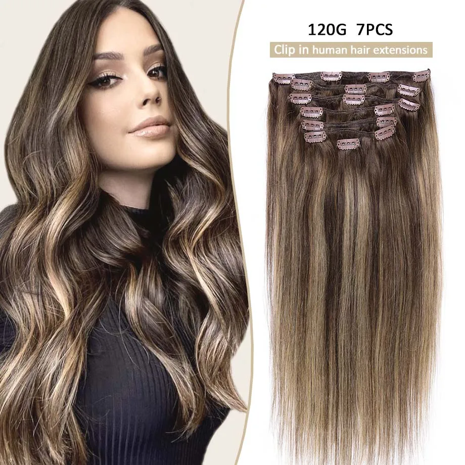 

Clip in Hair Extensions Remy Human Hair Balayage Chocolate Brown to Caramel Blonde 7pcs 120g Clip in Human Hair Extensions