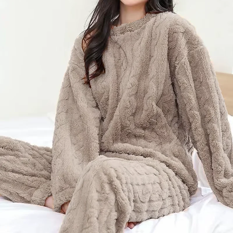Autumn Women Solid Warm 2 Piece Sets Thicken Velvet Ribbed Fleece Set Pullover And Pants Women Casual Pajama Sets 2024 image 6