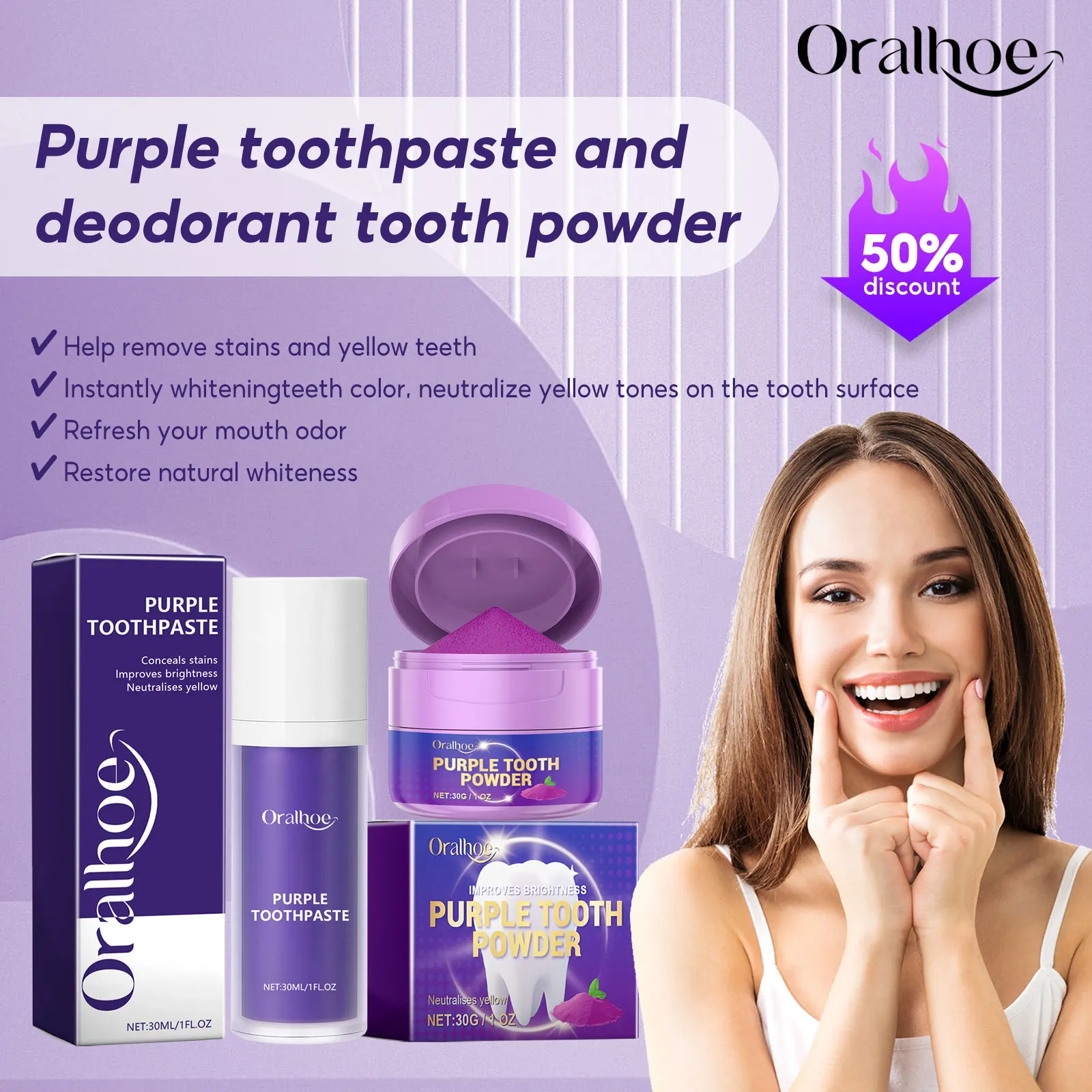 Oralhoe blanqueamiento de dientes pasta de dientes púrpura limpieza en polvo reducir la mancha aliento fresco olor eliminar el sarro de los dientes higiene bucal limpieza