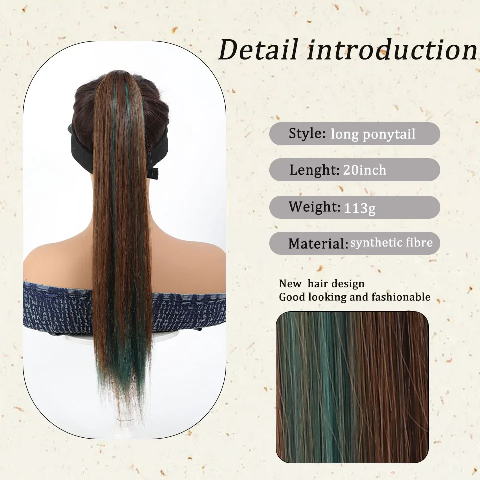 MEIFAN Synthetic Long Straight Claw Clip Ponytail Clip on Hairtail Extension Highlights Green Natural False Ponytail for Women