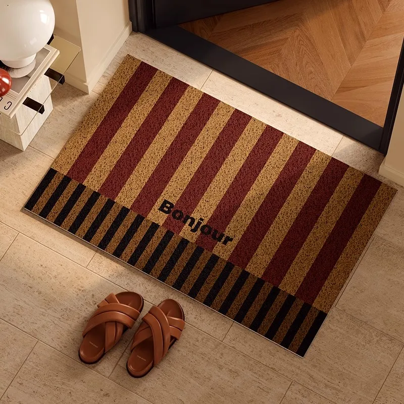 French Retro Striped Wire Loop Doormat Non-Slip Entrance Floor Mat Washable Vintage Aesthetic Carpet for Home Living Room Porch
