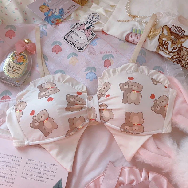 The princess hugs the bear lingerie Japanese cute sweet girly style bow small chest underwear bra sets large size bralette