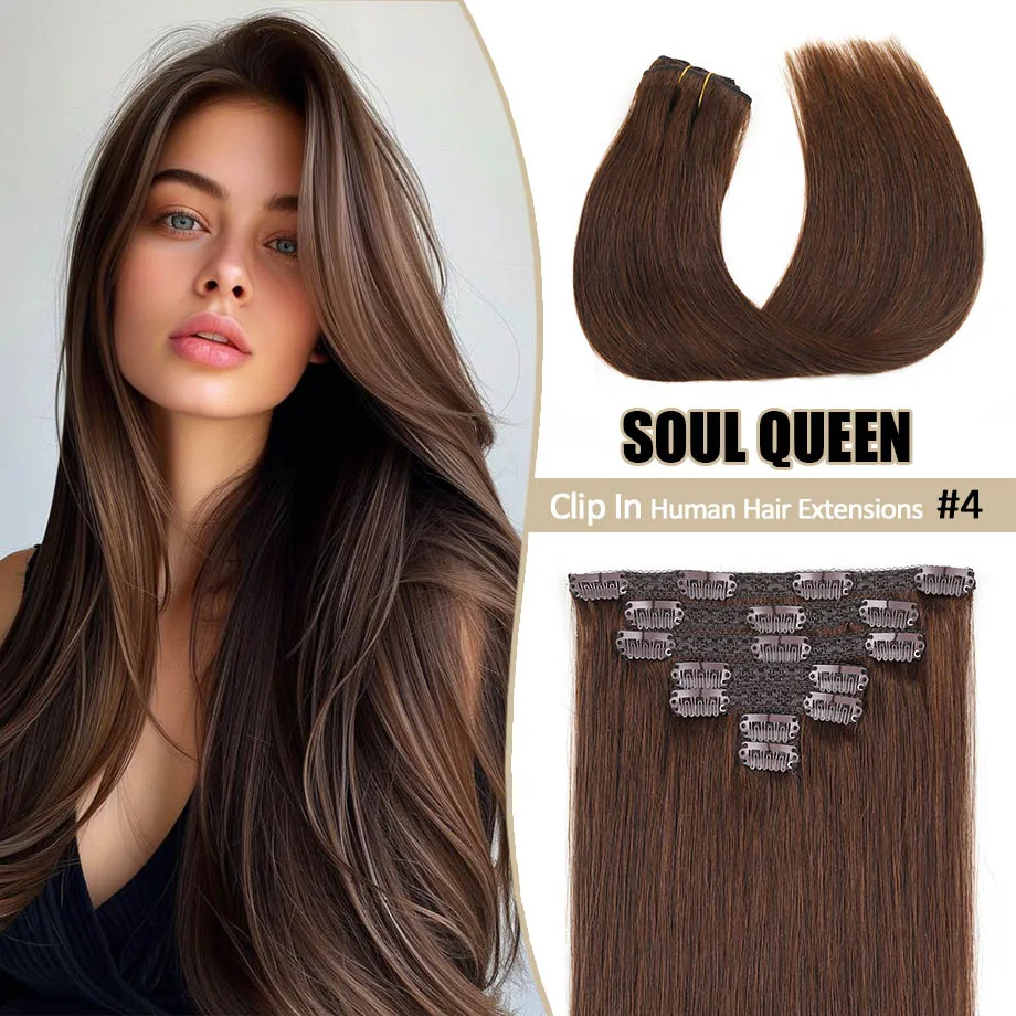 Real Hair Extensions Clip In Natural Remy Human Hair Seamless Straight Clip Ins Human Hair Extensions For Women Chocolate Brown