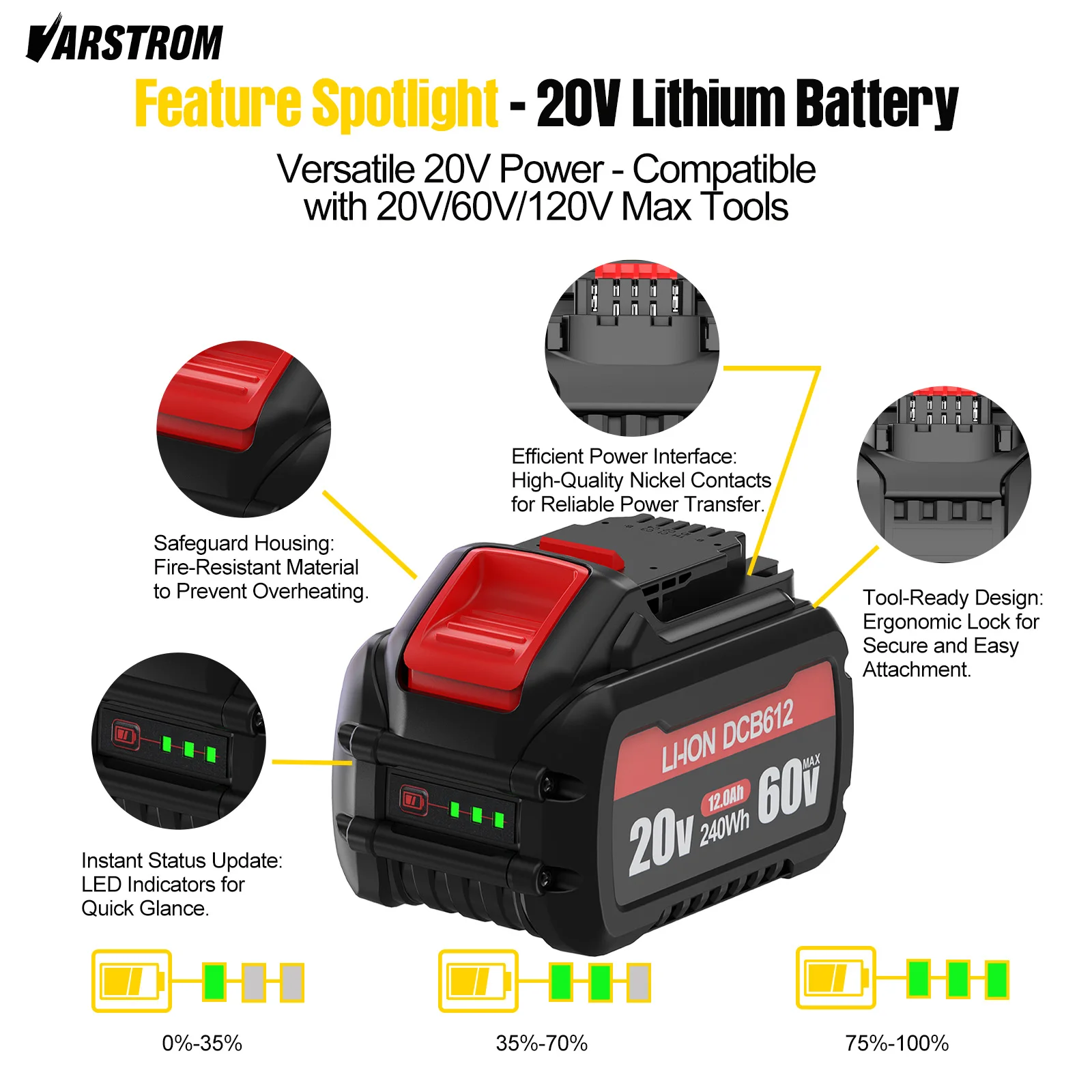 Varstrom Battery For DeWalt 20V 12.0mAh/6.0mAh MAX Li-ion Battery For DeWalt DCB606- DCB612 DCB609 For Flexvolt Tool Batteries