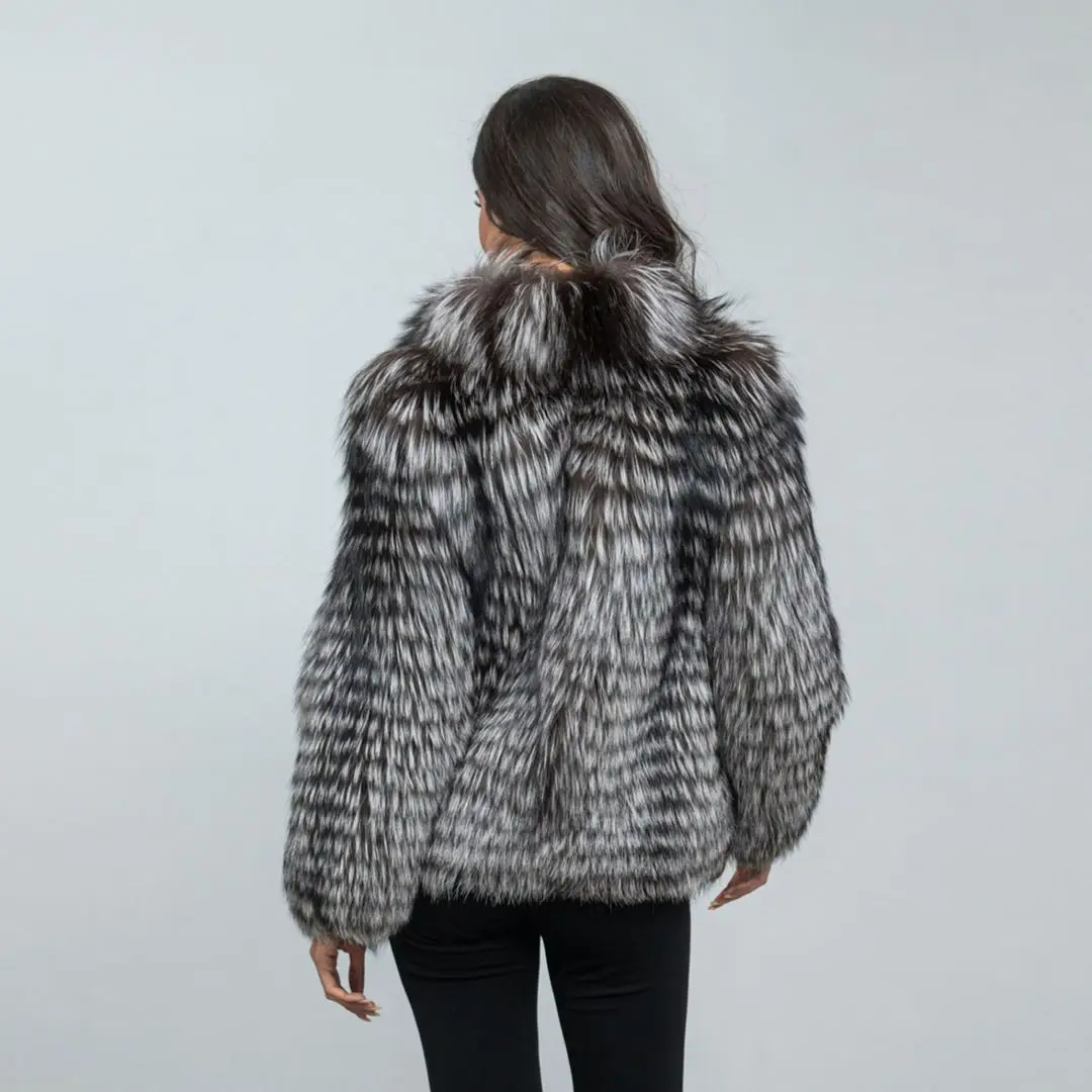 Real Silver Fox Fur Jacket for Women Winter Outwear High Quality Genuine Leather Natural Silver Fox Fur Coats with Stand Collar
