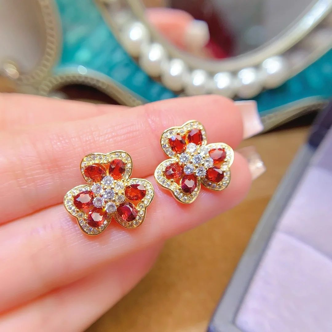 925 sterling silver inset natural red garnet 4x3mm girls electroplating electroplated 18K gold earrings to girlfriend New Year