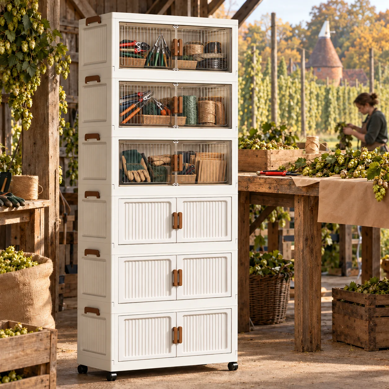 White Foldable Rolling Storage Cabinet with Double Doors, 3/4/5-Tier Organizer for Gardening Tools, Craft Supplies, Utility Room & Workshop