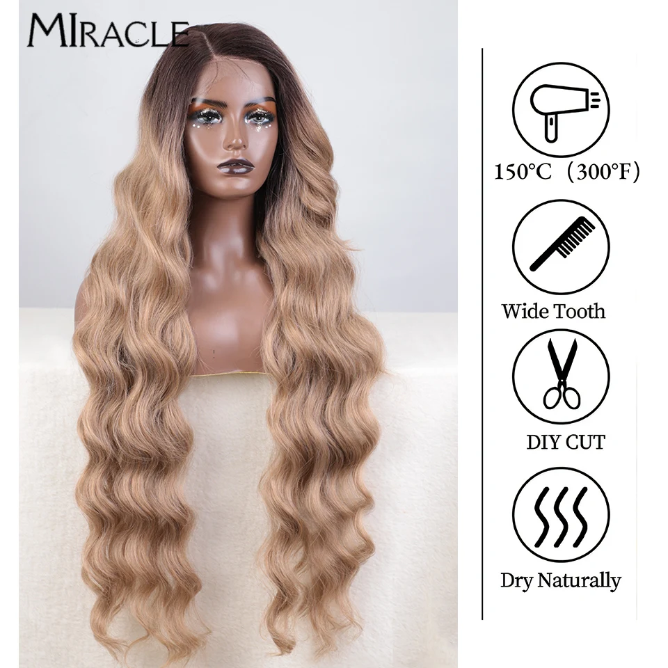 Miracle Synthetische Diepe Losse Golf Kant Pruik 36 Inch Lange Golvende Kant Voorkant Pruiken Voor Vrouwen Cosplay Pruik Gember Blonde Pruiken Zijdeel