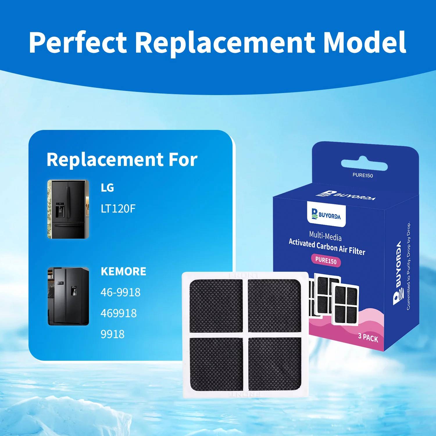 فلتر هواء بديل للثلاجة متوافق for LG LT120F و for Kenmore Elite 9918 موديلات ADQ73214402 ، ADQ73214404 ، ADQ73334008 ، LMXS30776S ، عبوة 3 صناديق
