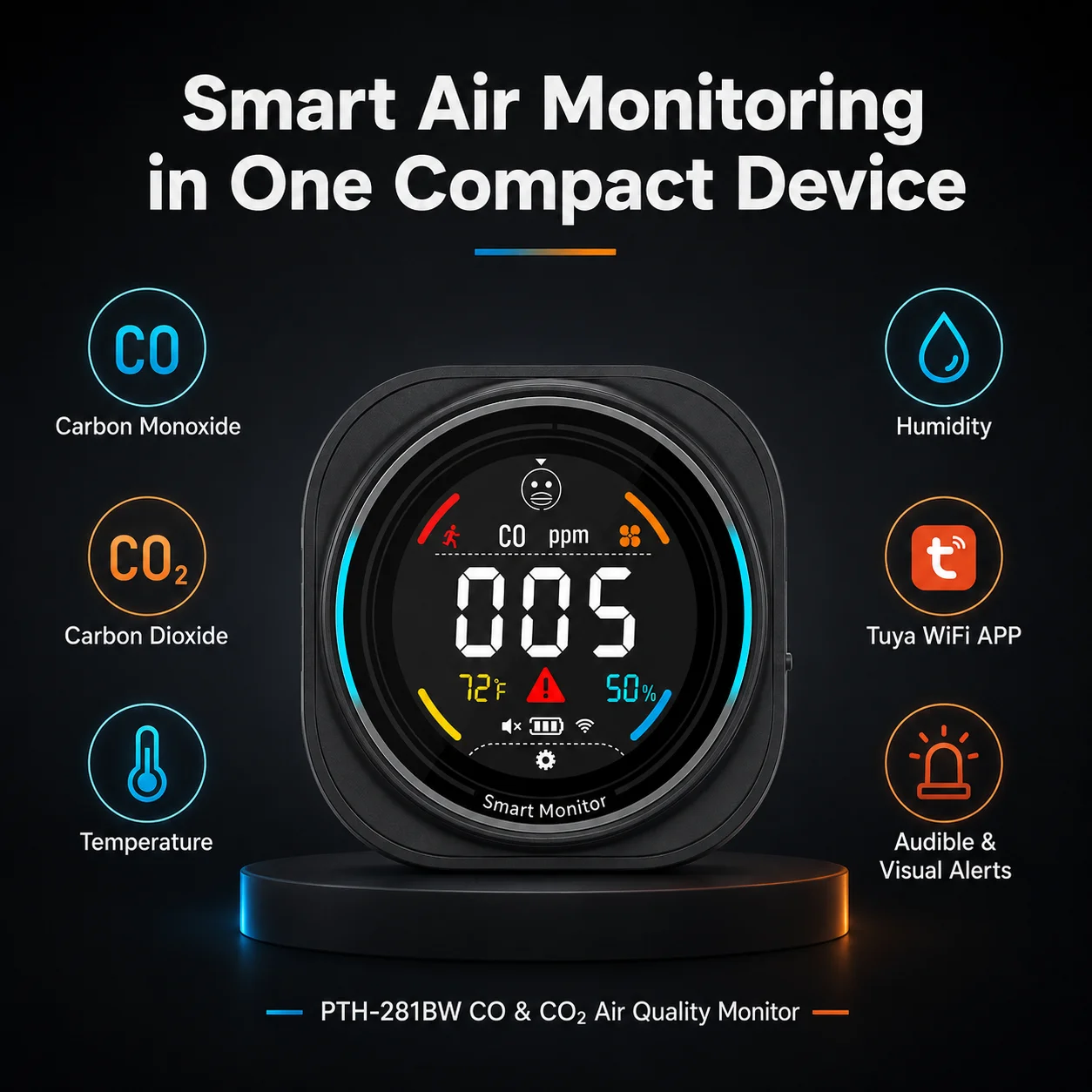 Smart WiFi CO and CO2 Detector Tuya App Air Quality Monitor with Temperature Humidity and Rear Flashlight FABISENSE PTH-281BW