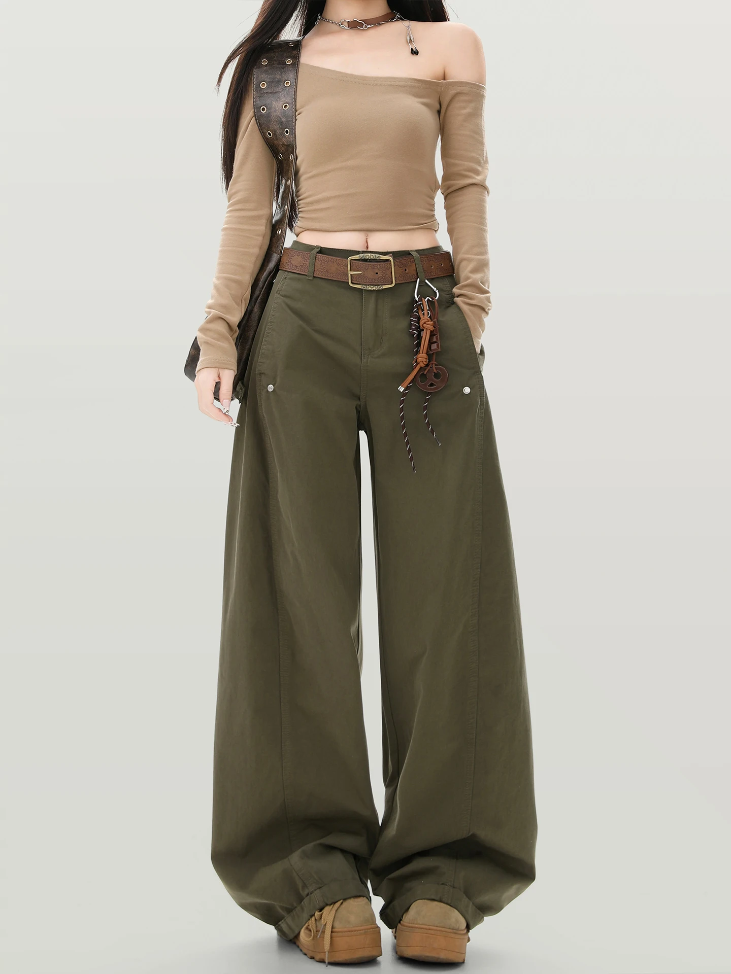 

Women's Vintage Military Green Solid Work Pants Summer New American High Waist 2025 Chic Casual Wide-Leg Loose Pants Trousers