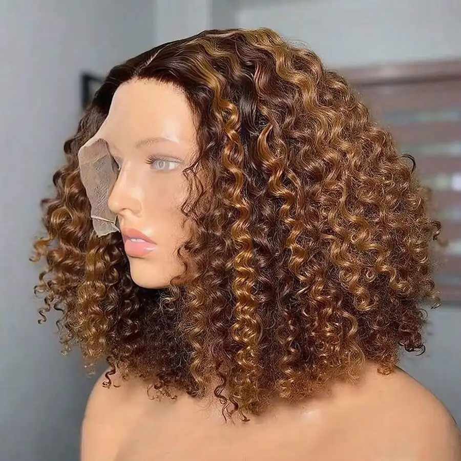 

P4/27 Highlight Curly Short Bob Wig Human Hair Deep Wave 13X4 Transparent Lace Frontal Bob Wig Ombre Highlight Wig Pre Plucked with Baby Hair 250% Density Curly Bob Wig