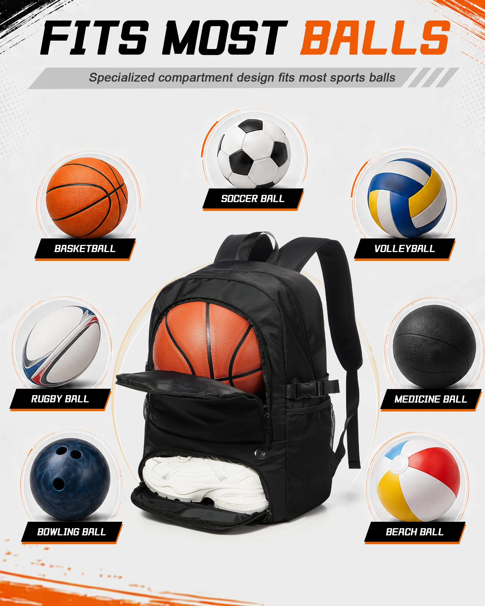Großer Basketball-Rucksack, Fußballtasche mit Ballfach und Schuhfach, Sportrucksack mit Tasche für Wasserflaschen – Detail 6