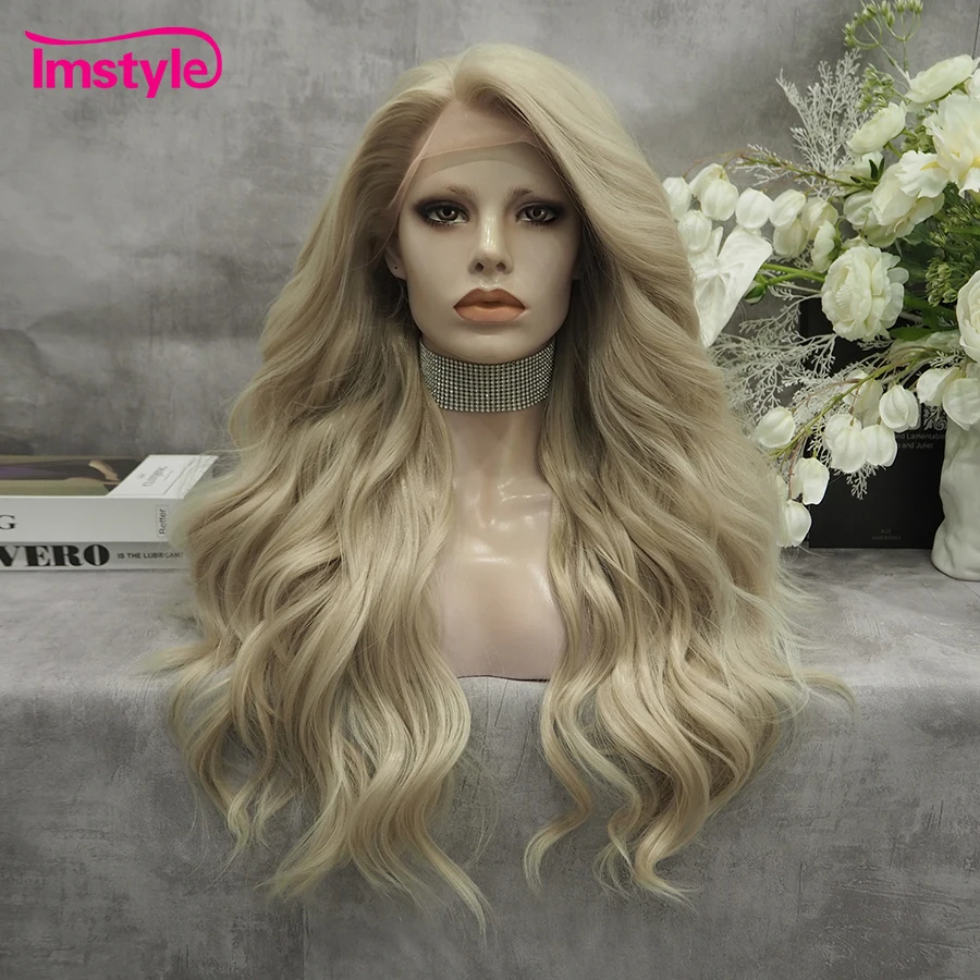 Imstyle Ash Blonde Wig Long Synthetic Lace Front Wig Natural Wavy Lace Wigs For Women Cosplay Daily Wig Heat Resistant 24 Inch