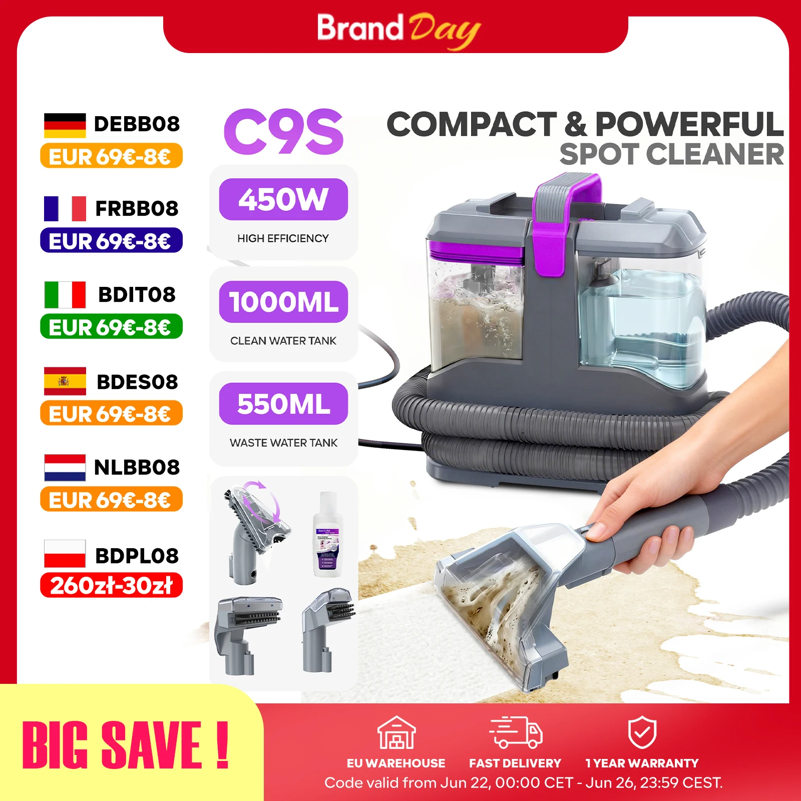 C9S Nettoyeur de Tapis 13kPa 450W, Shampouineuse Portable pour Canapé Voiture, Aspirateur Eau Poussière, Kit 3 Brosses Inclus