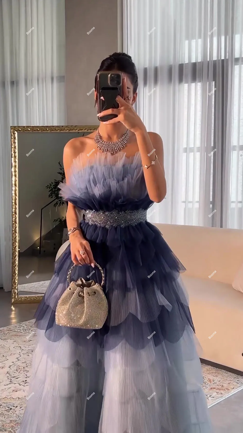 Booma A-Line Prom Dresses Strapless Tiered Tulle Long Formal Occasion Gowns for Women Arabic Party Evening Dress Dubai