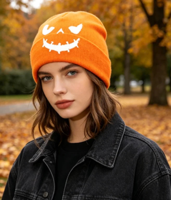 Halloween Pumpkin Face Knit Beanie Hat, Soft Warm Skull Cap with Jack-o'-lantern Jacquard Pattern, Hip Hop Streetwear Costume Accessory, Ideal Halloween Gift for Men Women