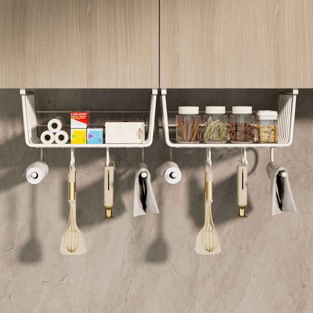 WMMO Kitchen Cabinet Storage Hanging Basket Steel Rack for Spices Dishes Under Desk Organization for Bathroom Layered Storage