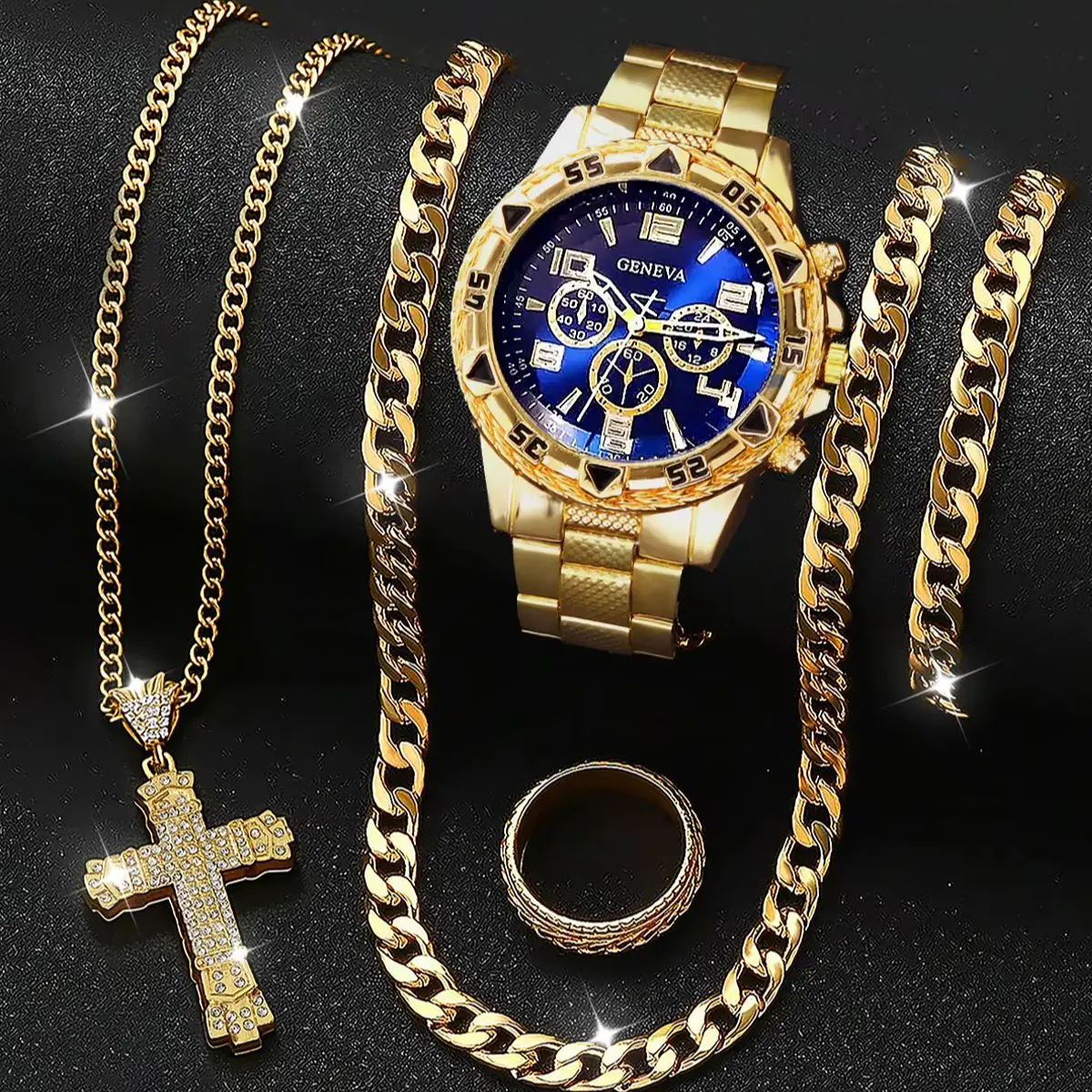 5-Piece Set, Men's Fashionable Large Watch with Cuban Bracelet, Necklace, and Ring Set, Stylish and Versatile, an Excellent Gift for Father, Boyfriend, or Boss.