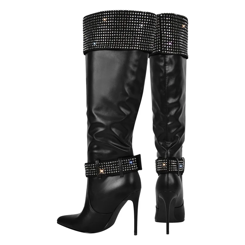 Onlymaker Women Rhinestone Pointed Toe Black Matte Knee High Boots Stiletto Fashion  Long Boots