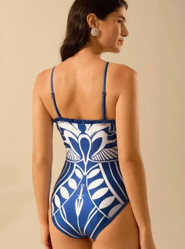 2025 Women's Boho Print One piece swimwear Holiday Casual Beach Shawl Blue Swimsuit Cover Skirt For Summer Beach Vacation