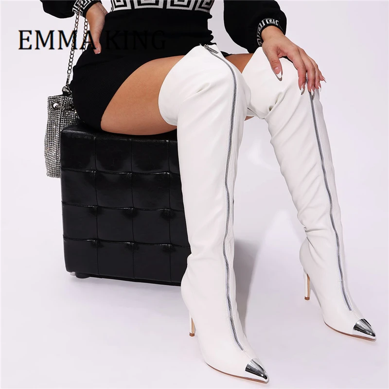 2022 Women Front Zipper Thigh High Boots Faux Leather High-heeled Over The Knee Boots Sexy Stilettos Botas Ladies Fashion Shoes