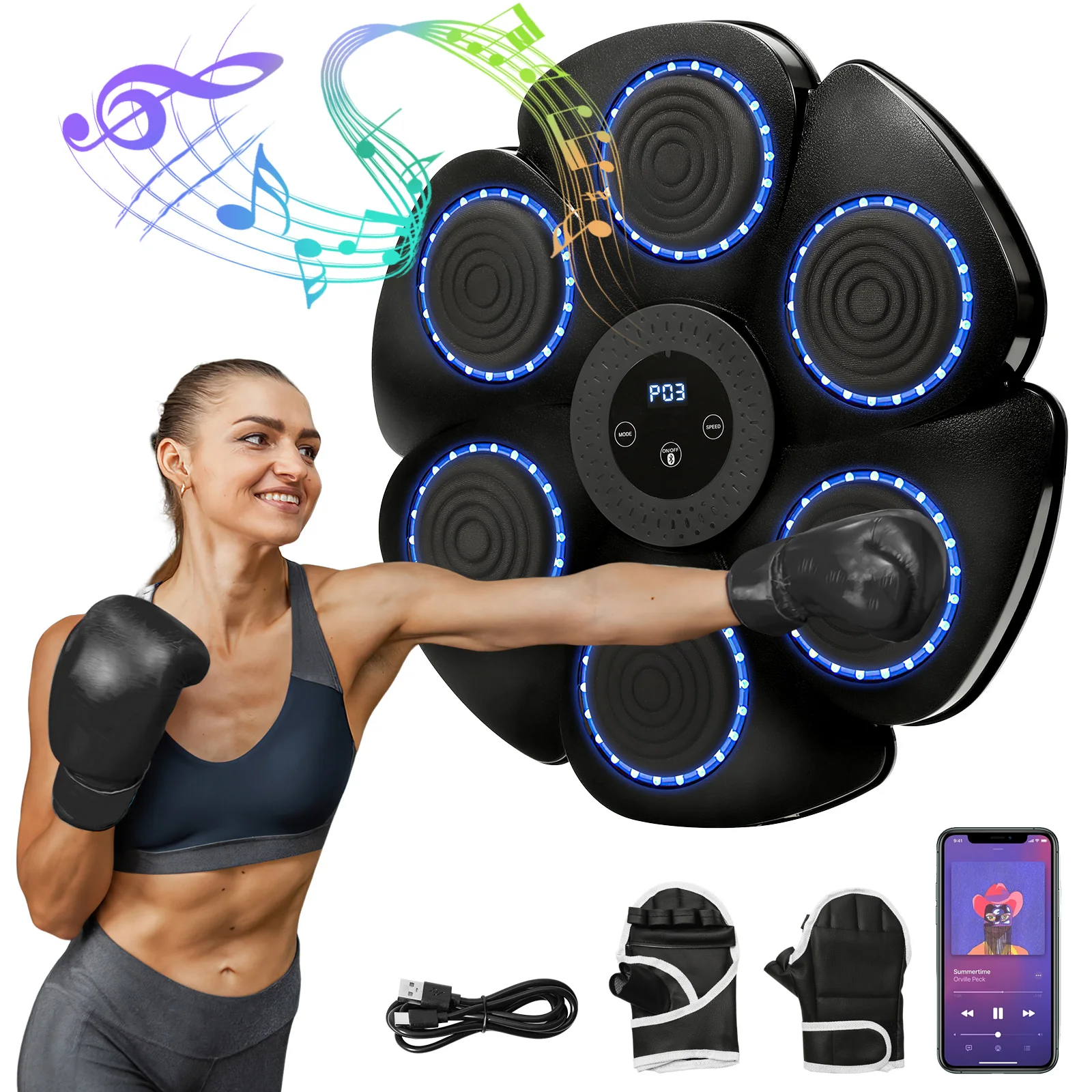 Macchina intelligente per l’allenamento di pugilato, dotata di Bluetooth e funzione musicale, con luci LED RGB e sistema di allenamento da parete.