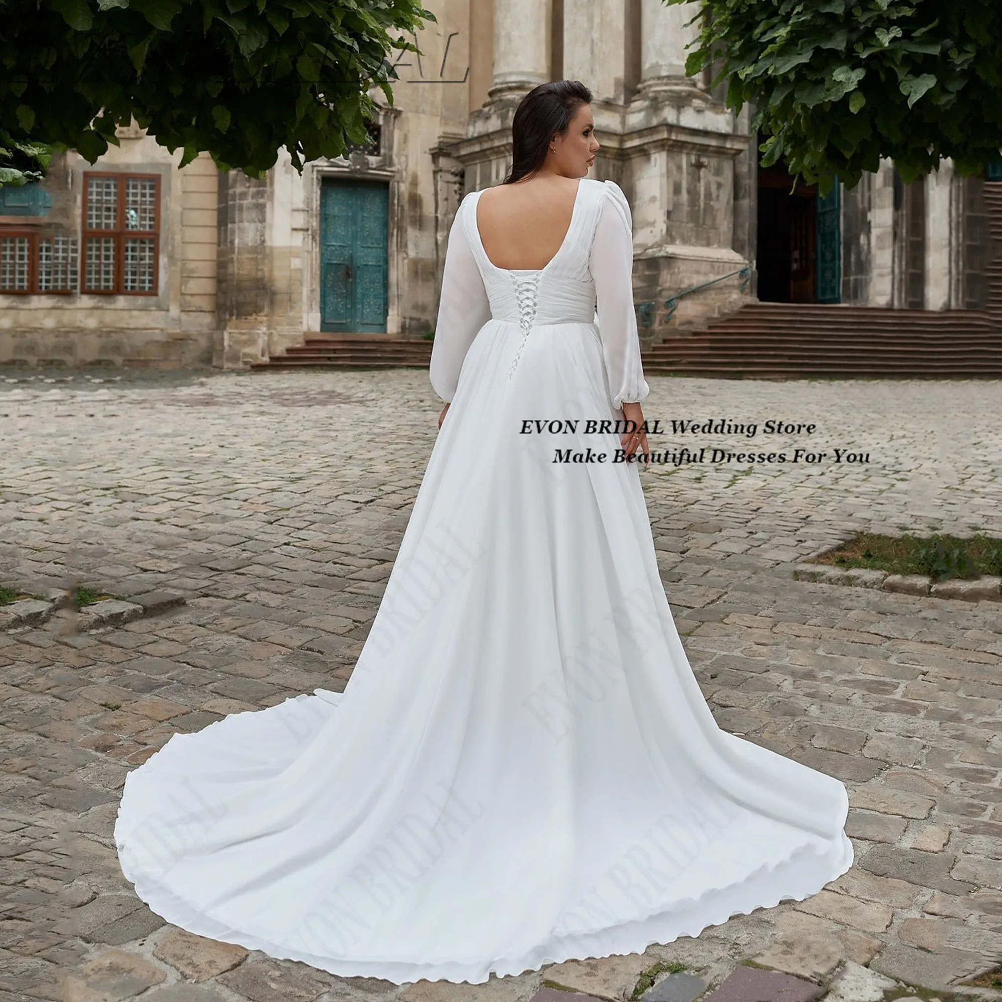 شيفون كم كامل بالإضافة إلى حجم فساتين العروس الدانتيل يصل فستان الزفاف المدنية مع الخامس الرقبة Vestido De Noiva EVON BRIDAL مخصص