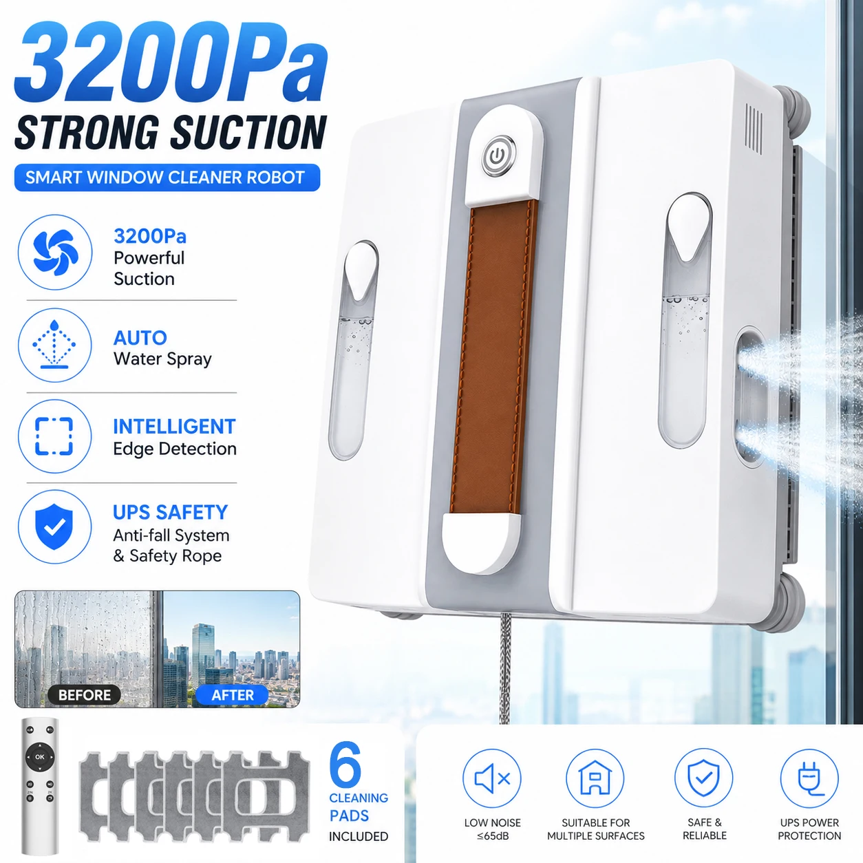 Image of 3200Pa Intelligenter Fensterreinigungsroboter mit Doppelwassertank, 4-Düsen-Auto-Sprühfunktion, bürstenlosem Motor, Fernbedienung, Anti-Fall-Glasreiniger, rahmenloser Fensterreiniger