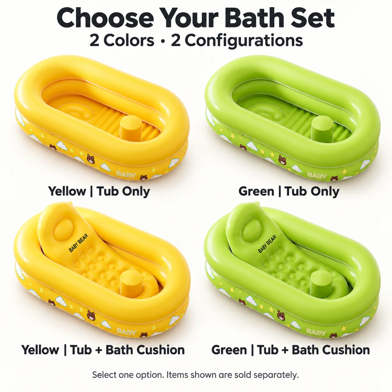Inflatable Bath Tub, Portable Foldable Bathtub 100x60x30cm, Bear Print, Optional Bath Cushion for Home and Travel