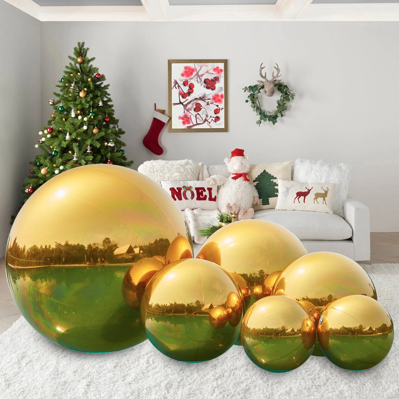 Set-6pcs Shiny Golden Inflatable Mirror Balls Airtight Giant Mirror Balloon Large PVC Sealed Sphere For Events & Stage Party