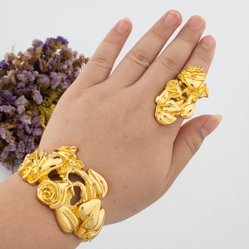 

Large Bracelet Rings Dubai Women Flower Jewelry Gold Plated Bangle Wedding Bride Fashion Party Luxury High Quality Bangles Gift