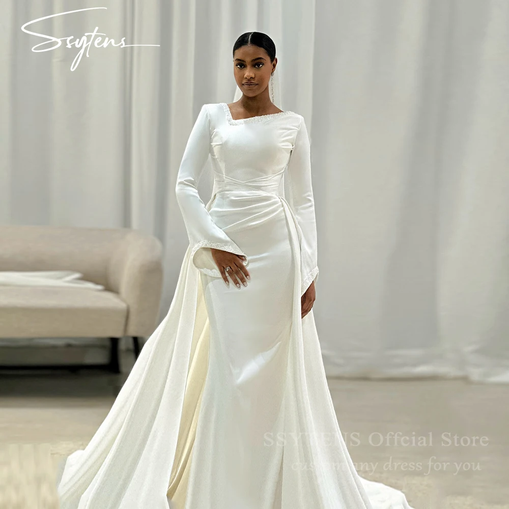 SSYTENS Vestido de Novia Árabe con Cuentas y Perlas, Modesto, Personalizado, de Satén Blanco Marfil, Mangas Largas, Vestido de Novia Musulmán, Robe De Mariée
