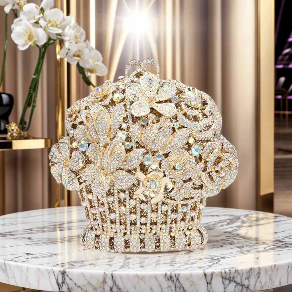 

Women Flower Basket Rhinestone Evening Bag Elegant Floral Crystal Wedding Handbag Chain Crossbody Purse for Banquet Dating