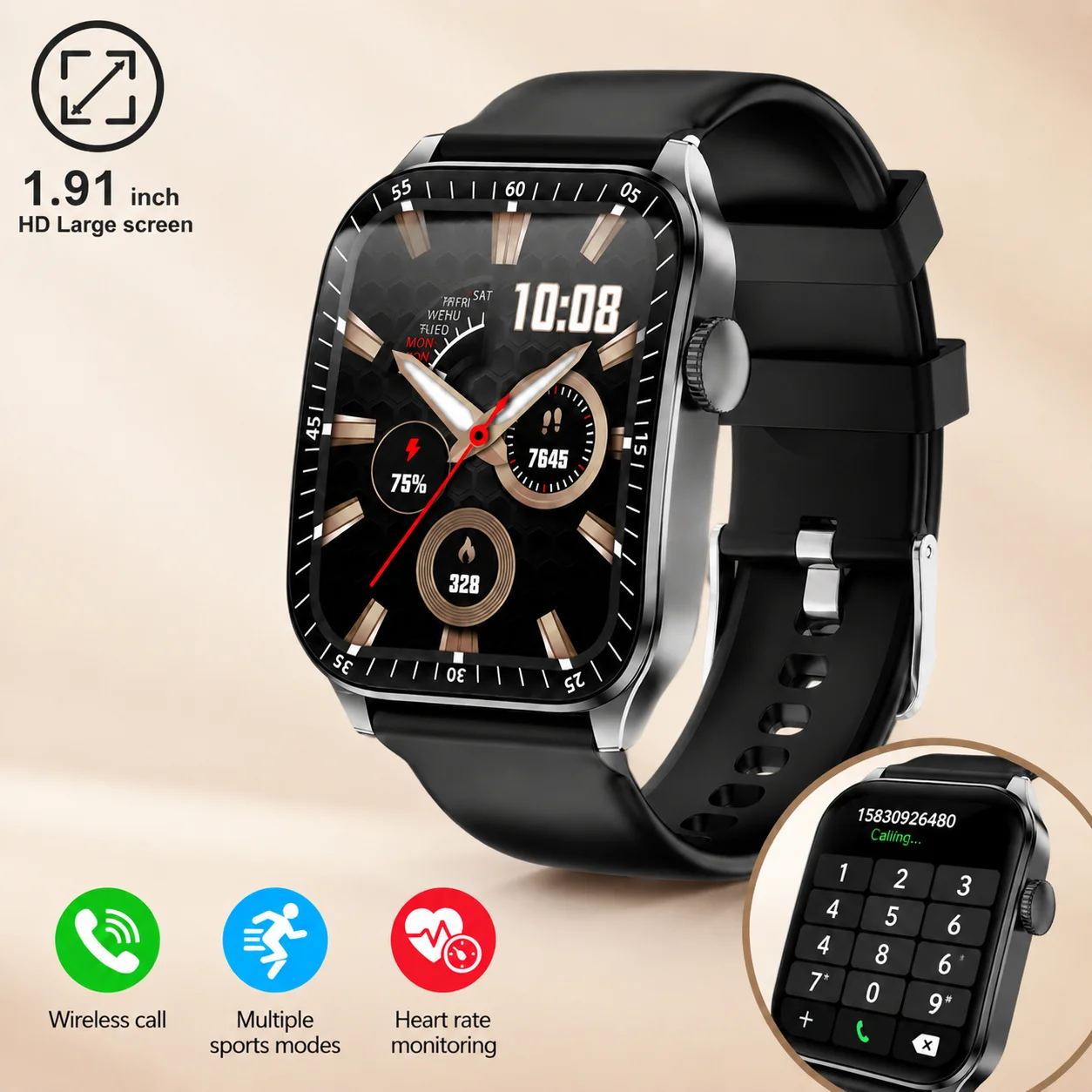 Smartwatch 1.91" Gebogener HD-Bildschirm Bluetooth-Anruf IP67 Herzfrequenzmonitor Blutsauerstoff 100+ Sportmodi für Herren Damen Android iOS