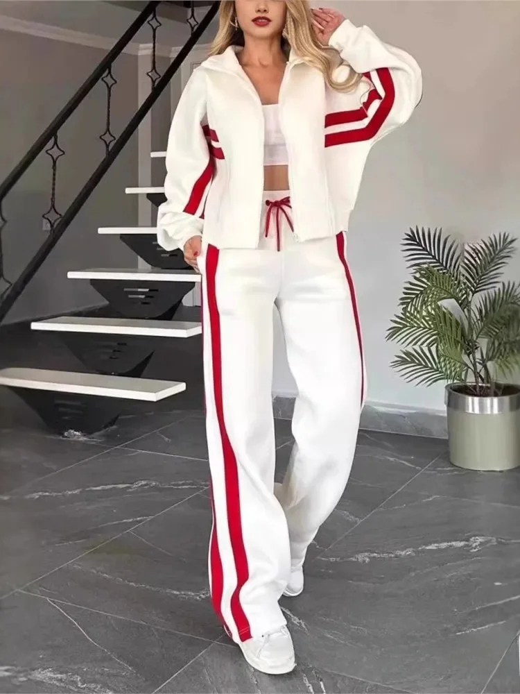 Płaszcz z zamkiem błyskawicznym w paski + spodnie dresowe Dwuczęściowy zestaw damski Casual Batwing Sleeve Kurtka sportowa Stroje jesienno-zimowe Bluza Y2K — zdjęcie 2